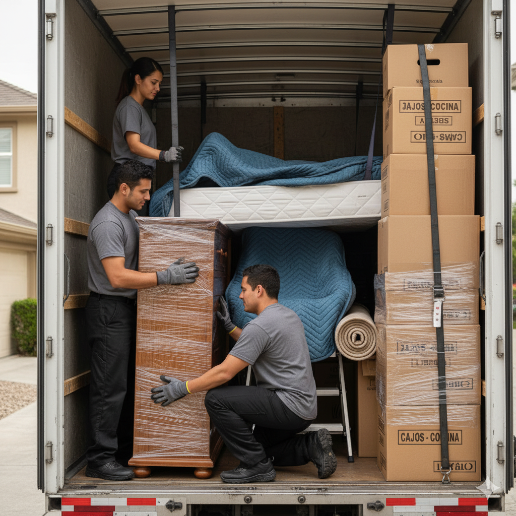 Equipo profesional organizando muebles dentro del vehículo de transporte