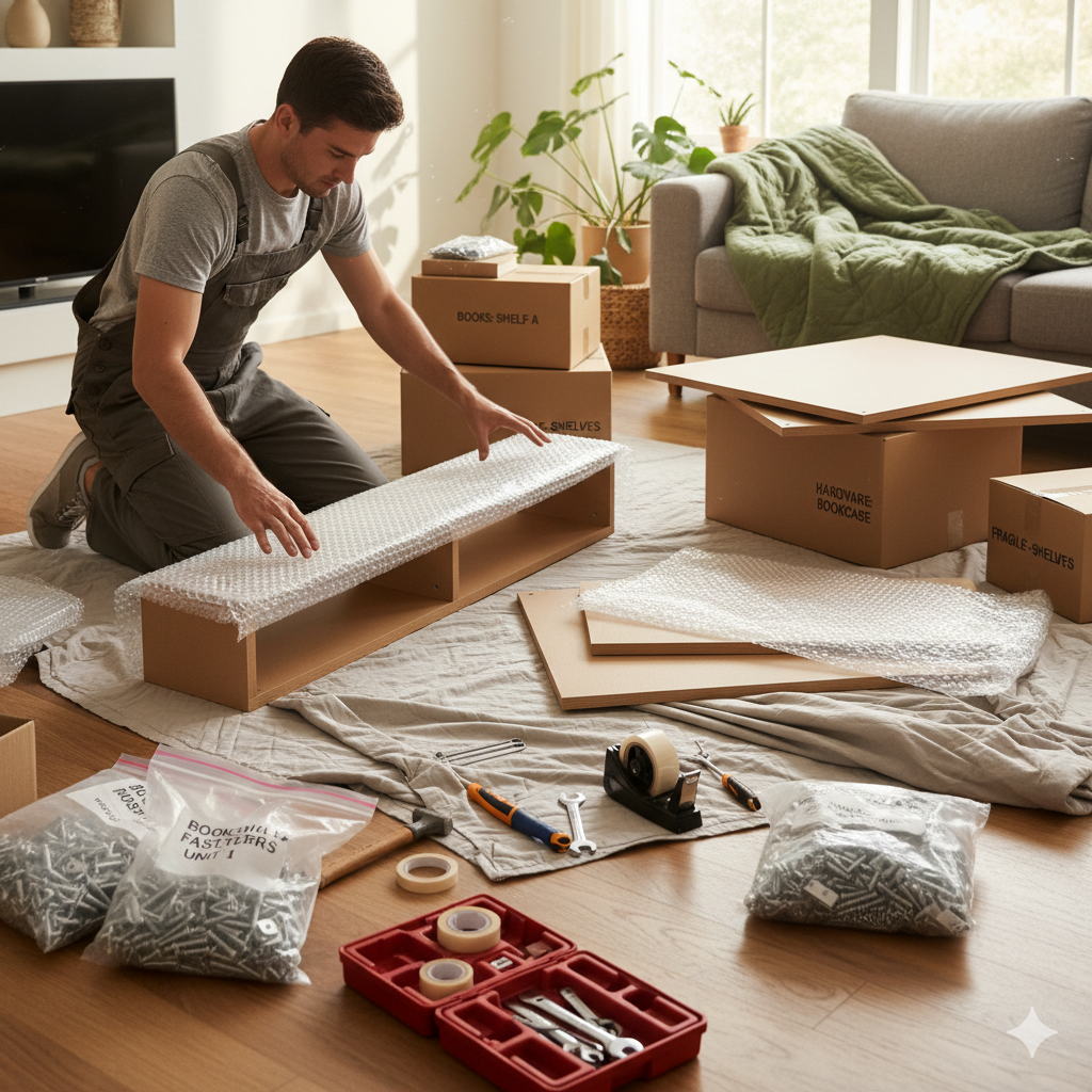 Proceso de documentación y organización de muebles antes del desmontaje