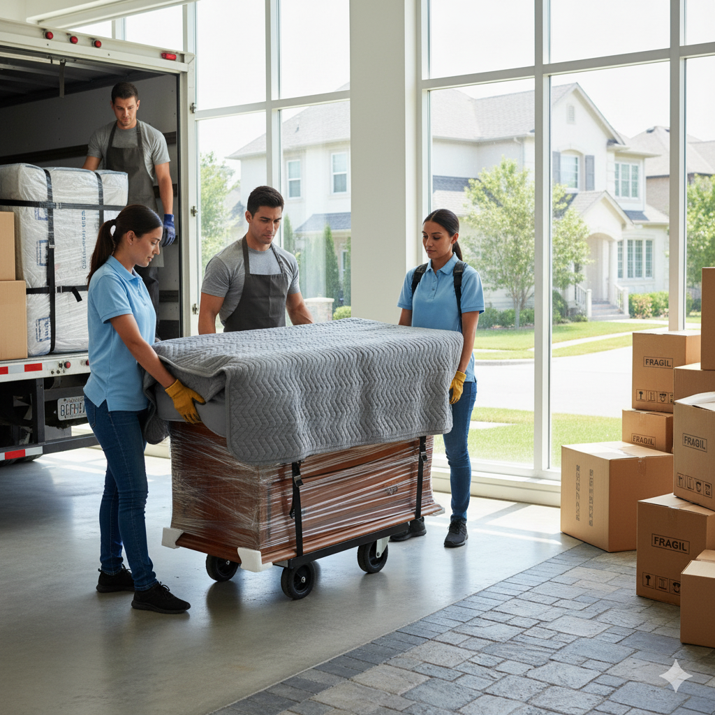 Profesionales protegiendo muebles con mantas y materiales de embalaje